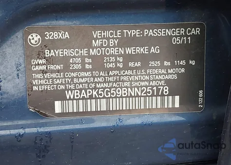 2011 BMW 328I xDrive из США, поврежденный, VIN WBAPK5G59BNN25178